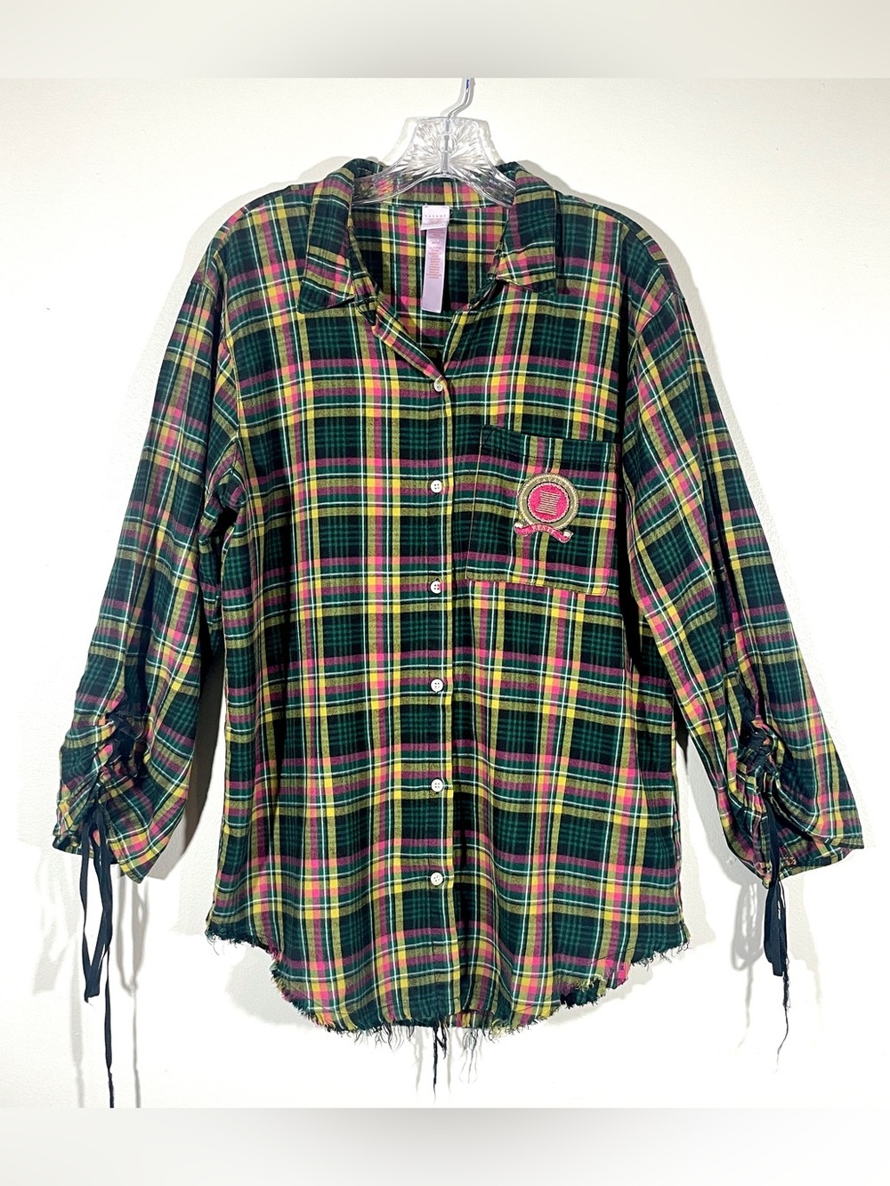 Savage x Fenty Plaid Button Down Top Lace Up Sleeves Frayed Hem grunge preppy - Picture 2 of 9
